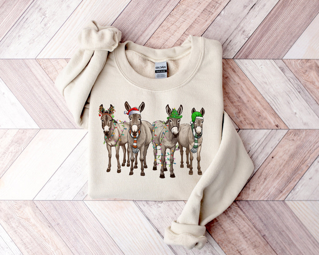 Funny Christmas Donkey Sweatshirt: Farm Animal Holiday Lights Shirt