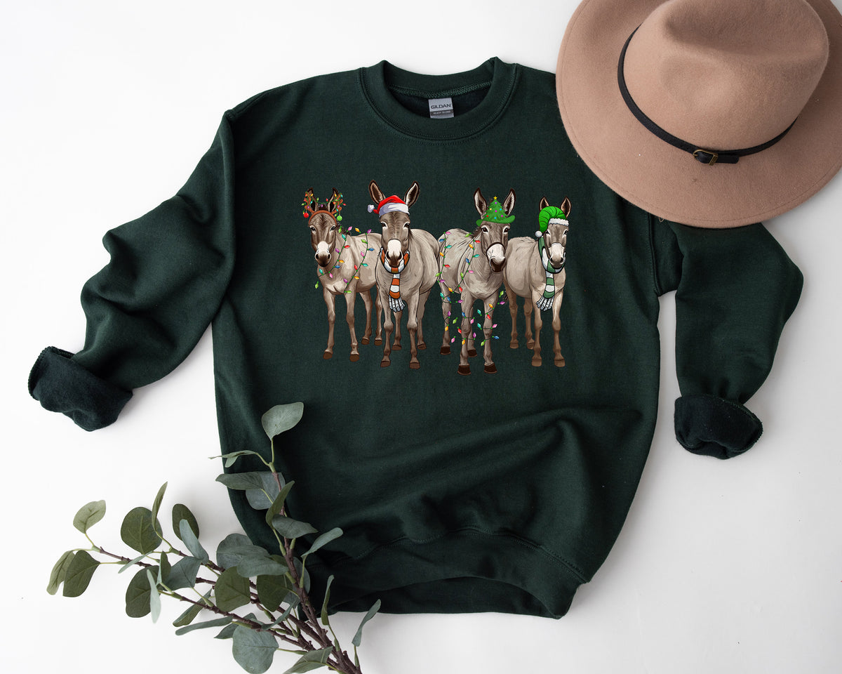 Funny Christmas Donkey Sweatshirt: Farm Animal Holiday Lights Shirt