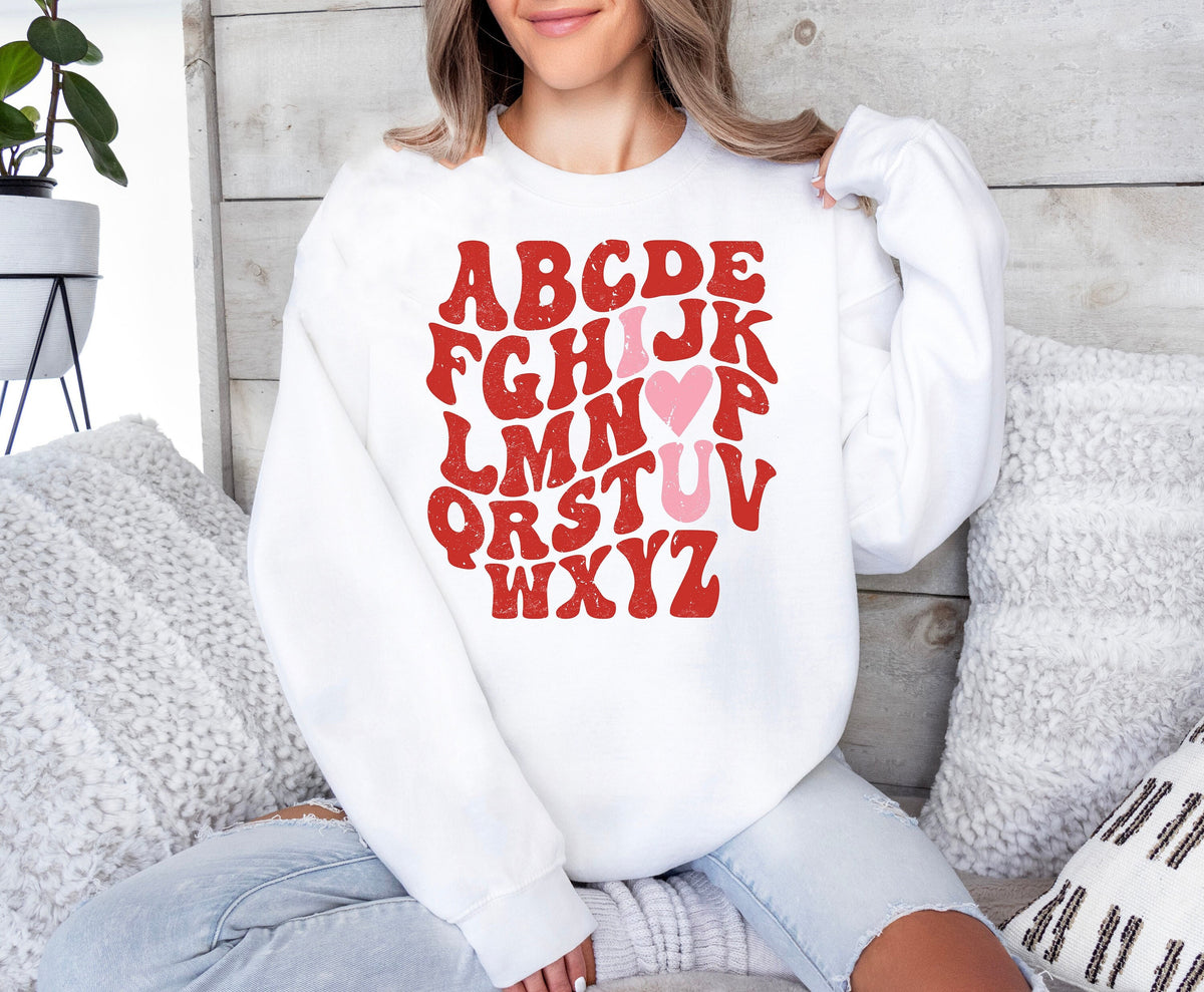 Retro Teacher Valentine Sweatshirt: Heart Alphabet Shirt