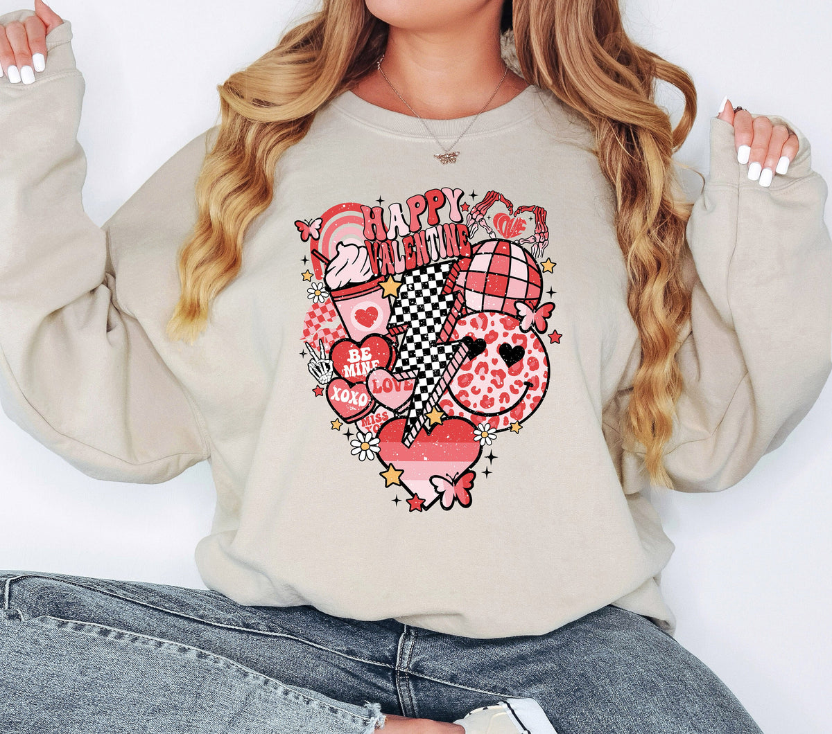 Retro Valentine's Day Sweatshirt: Checkered Hearts Matching Couple Shirt