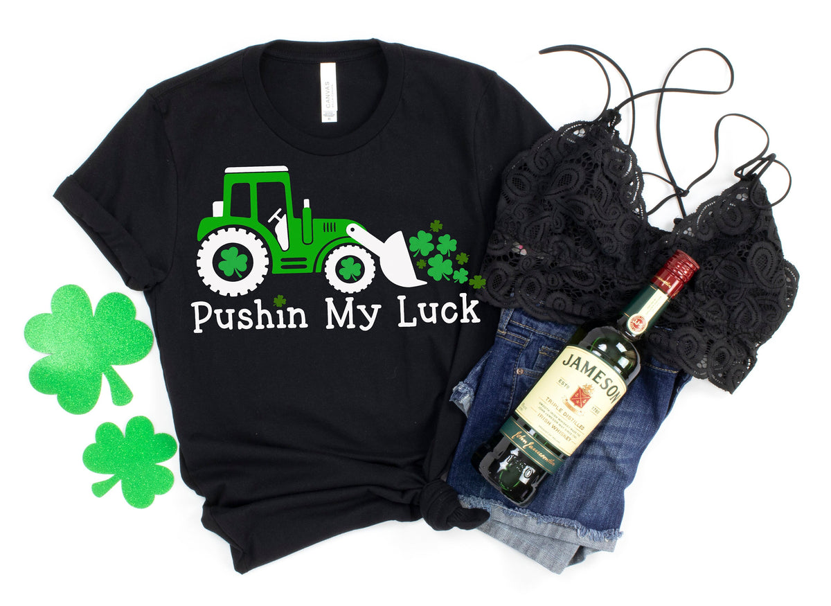 Pushing My Luck Kids St. Patrick's Day Shirt: Shamrock Tractor Tee