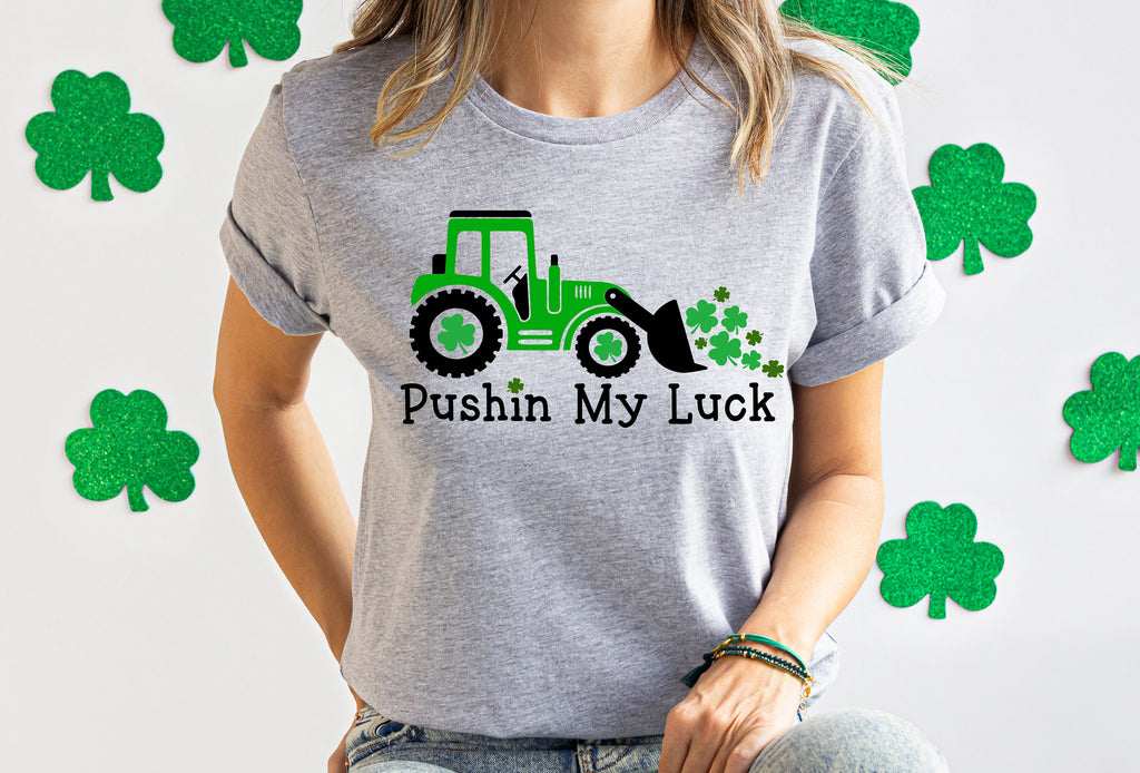 Pushing My Luck Kids St. Patrick's Day Shirt: Shamrock Tractor Tee