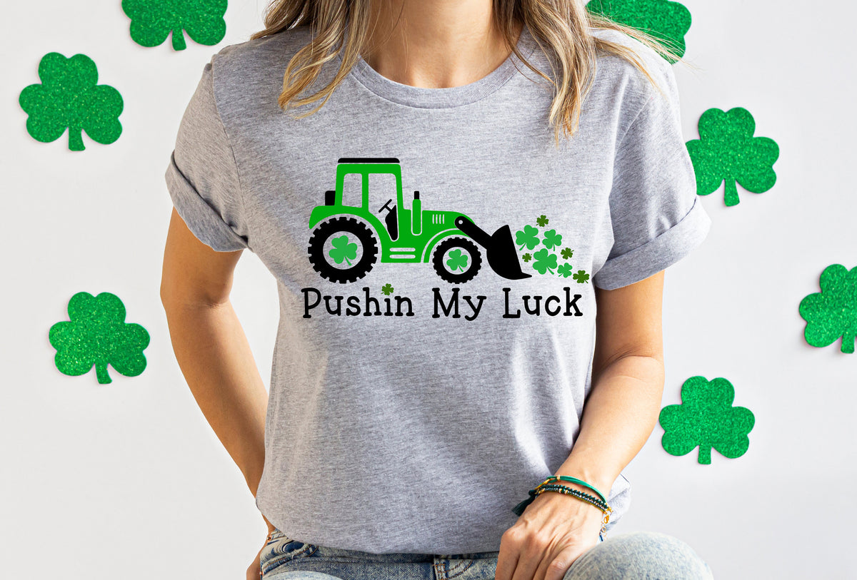 Pushing My Luck Kids St. Patrick's Day Shirt: Shamrock Tractor Tee