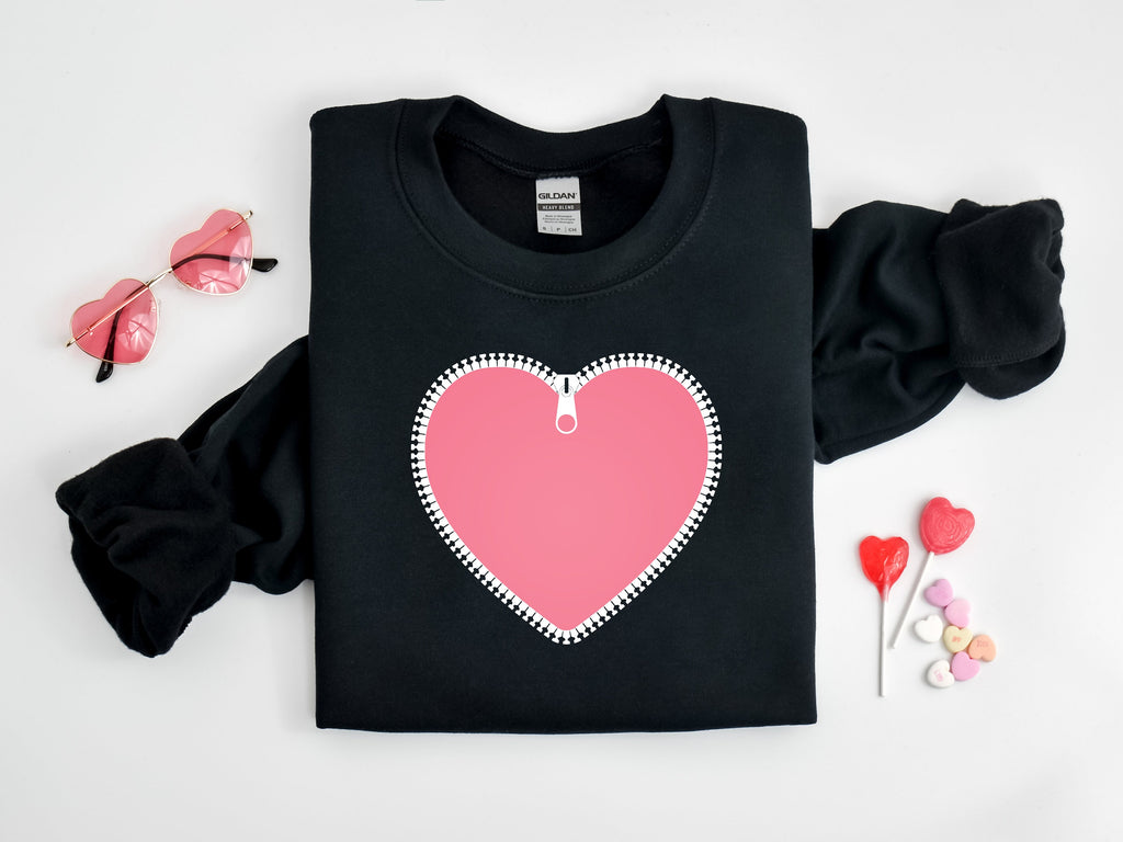 Zipper Heart Valentines Day Sweatshirt, Heart Print Shirt