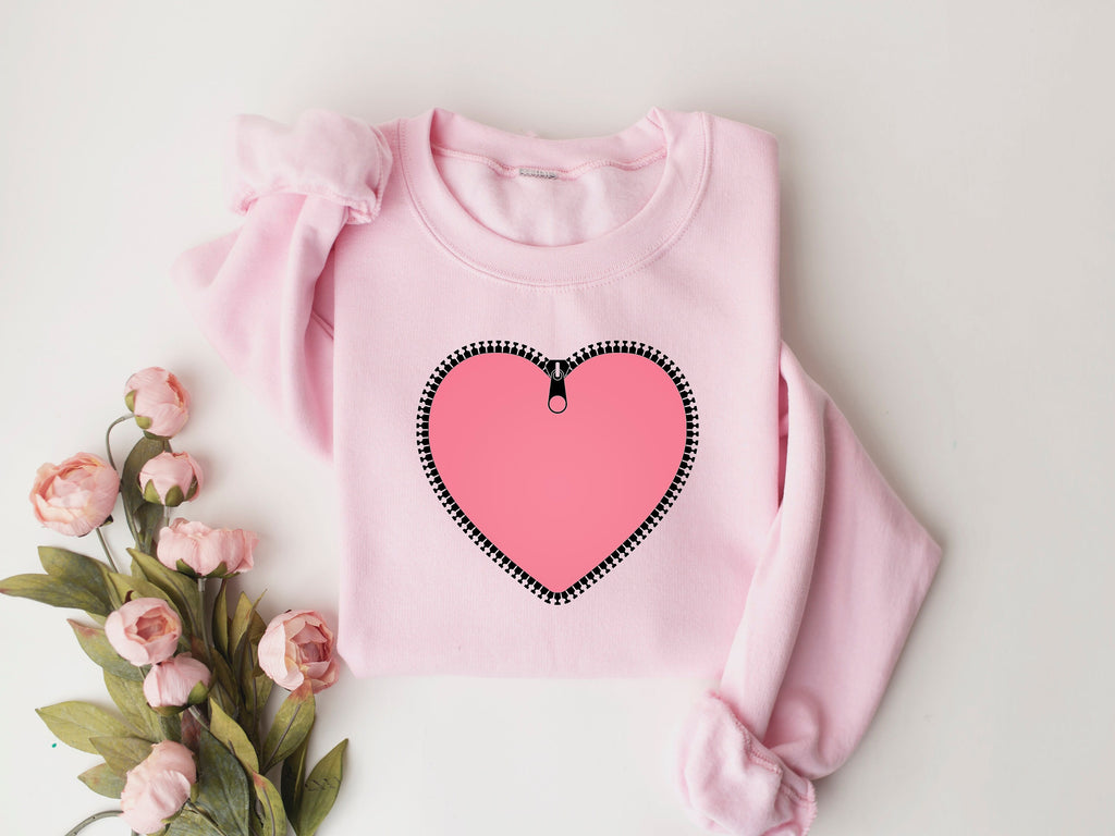 Zipper Heart Valentines Day Sweatshirt, Heart Print Shirt