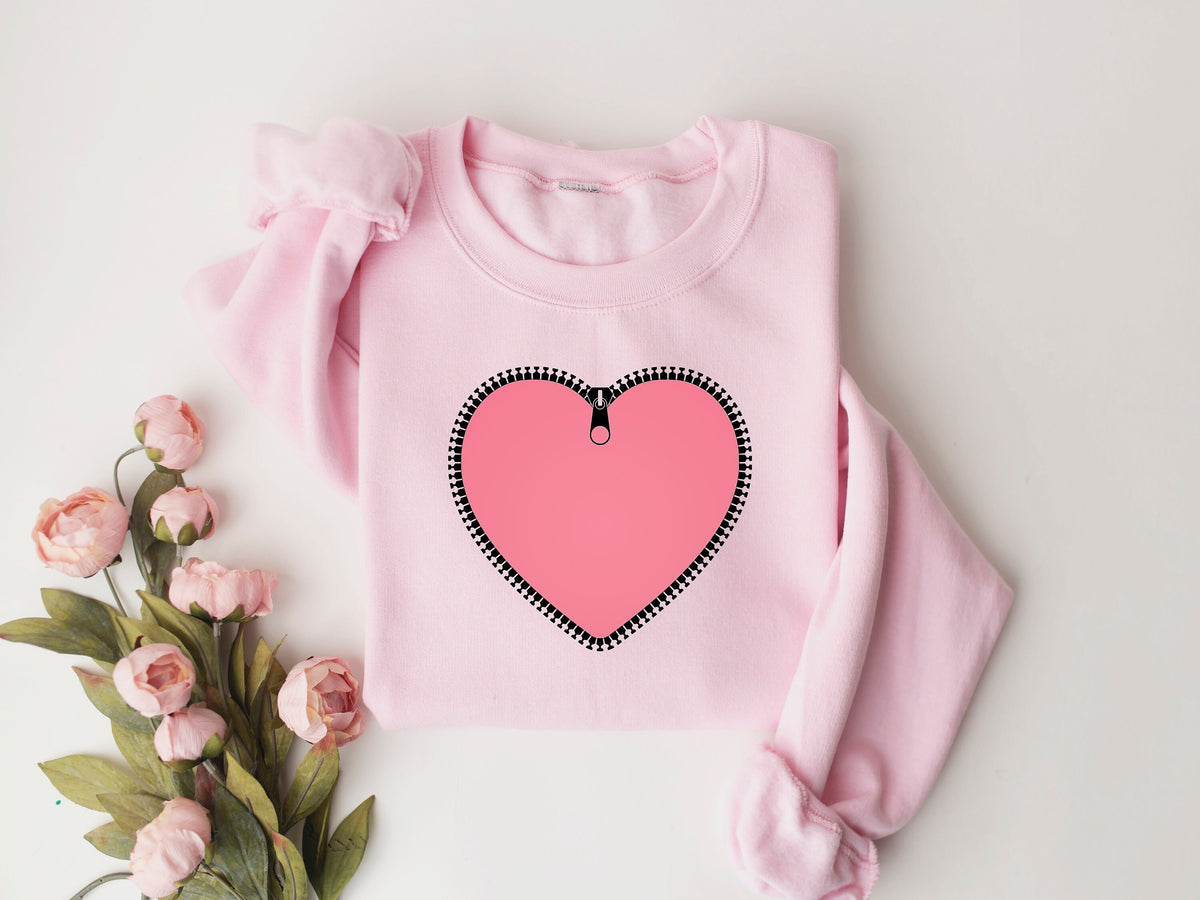 Zipper Heart Valentines Day Sweatshirt, Heart Print Shirt