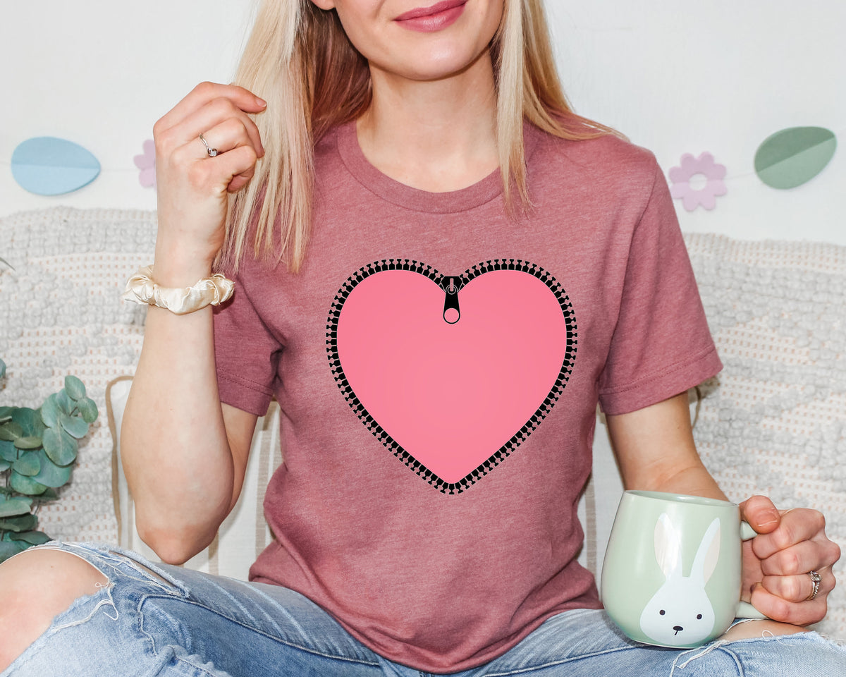 Zipper Heart Valentines Day Sweatshirt, Heart Print Shirt