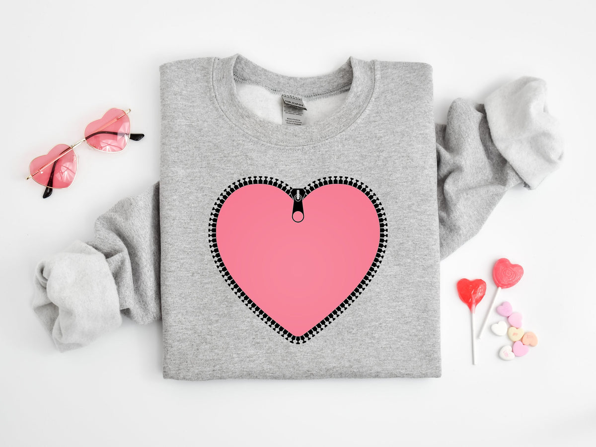 Zipper Heart Valentines Day Sweatshirt, Heart Print Shirt