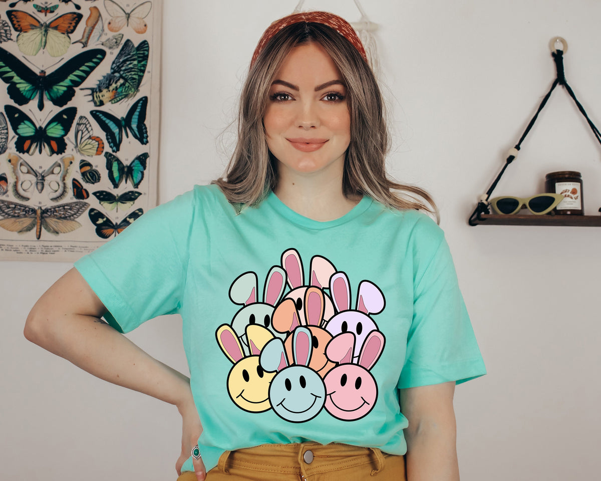 Smiley Bunny Easter Sweatshirt, Pastel Spring Graphic Tee