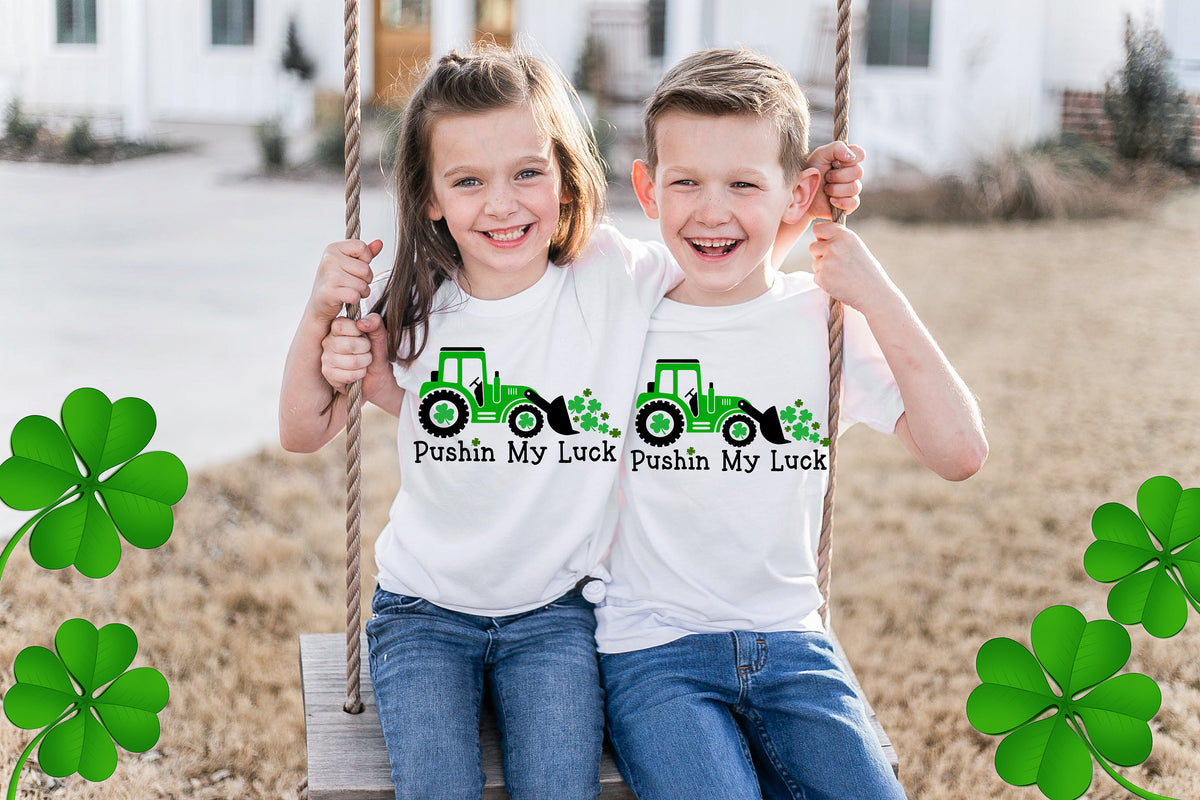 Pushing My Luck Kids St. Patrick's Day Shirt: Shamrock Tractor Tee