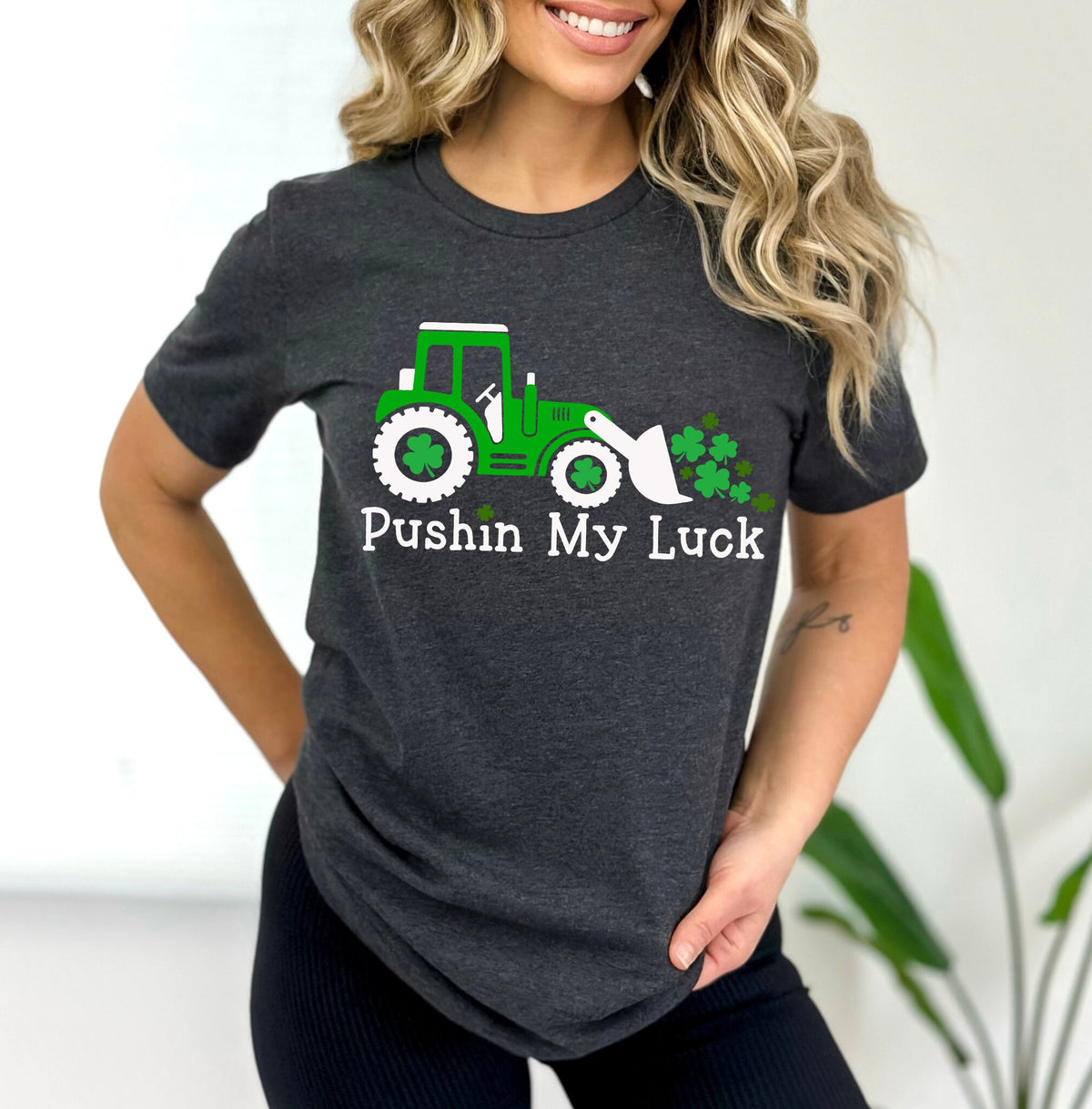 Pushing My Luck Kids St. Patrick's Day Shirt: Shamrock Tractor Tee