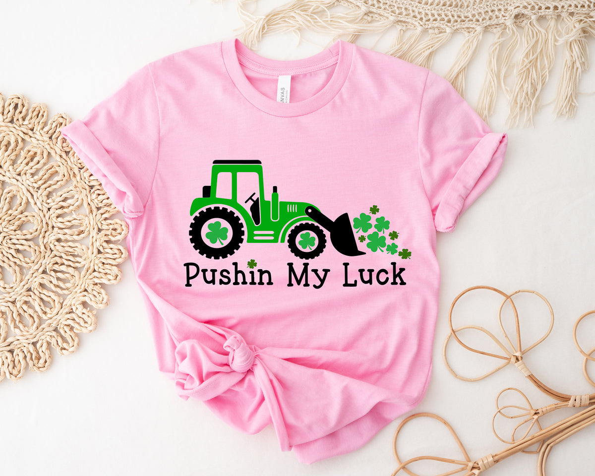 Pushing My Luck Kids St. Patrick's Day Shirt: Shamrock Tractor Tee