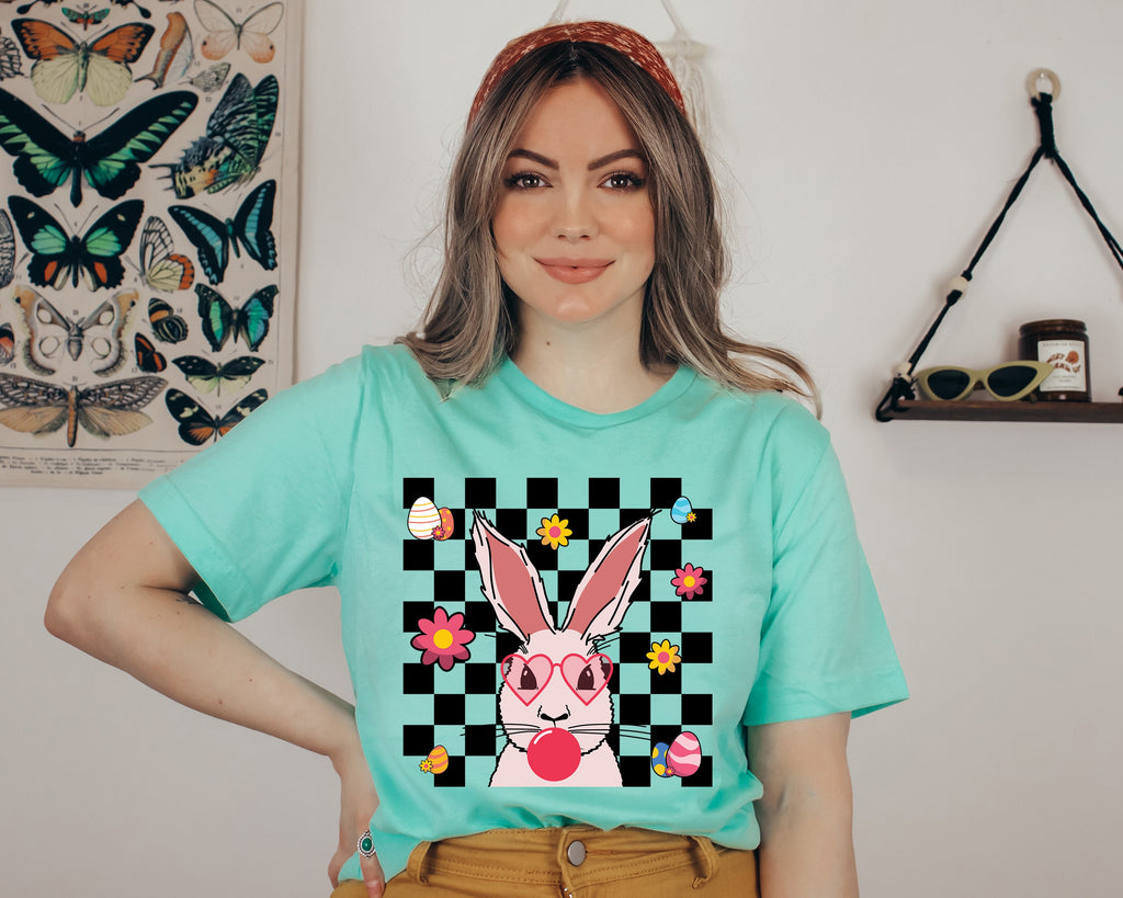 Bunny Easter Shirt, Bubble Gum, Glasses, Spring Tee