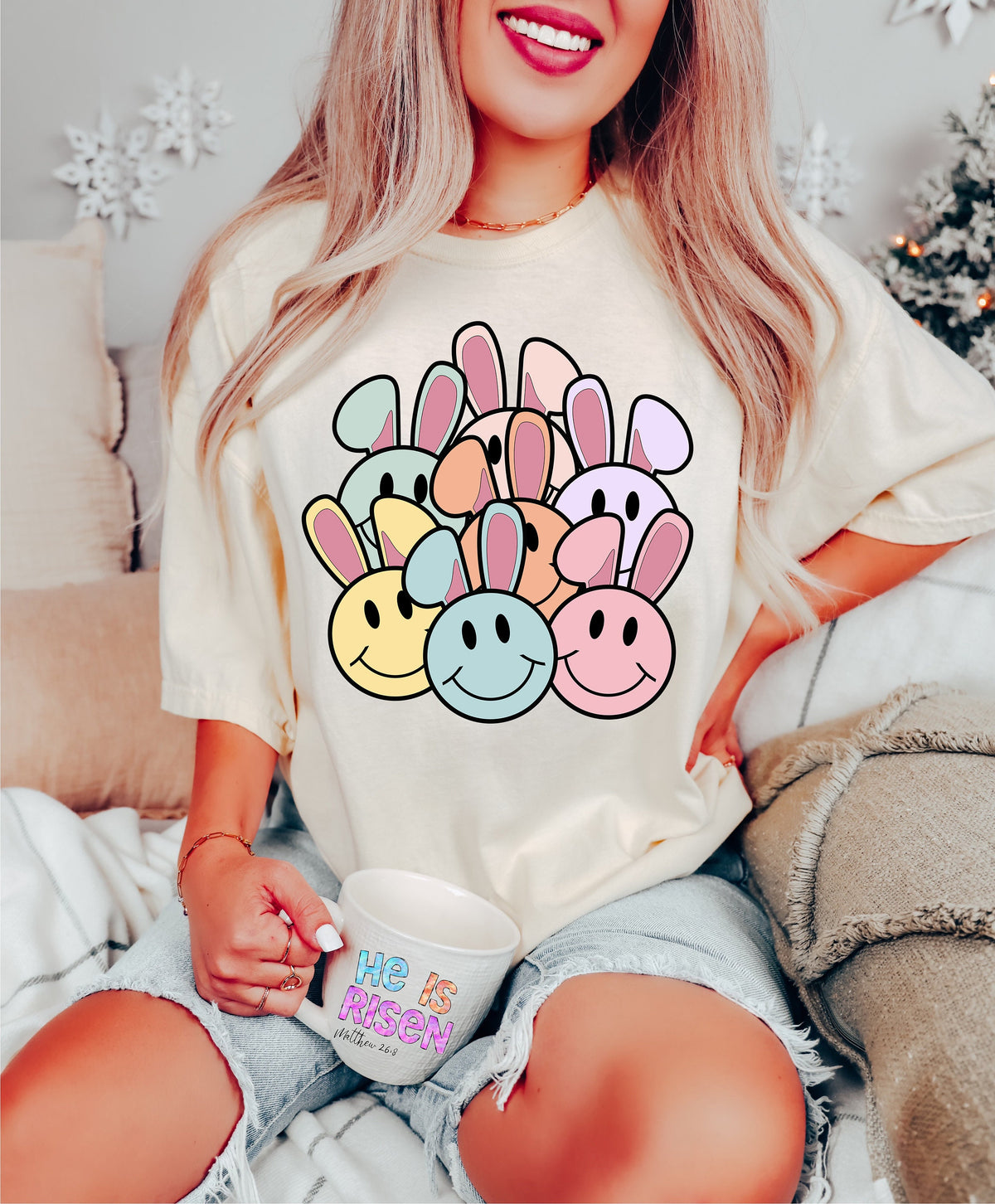 Smiley Bunny Easter Sweatshirt, Pastel Spring Graphic Tee