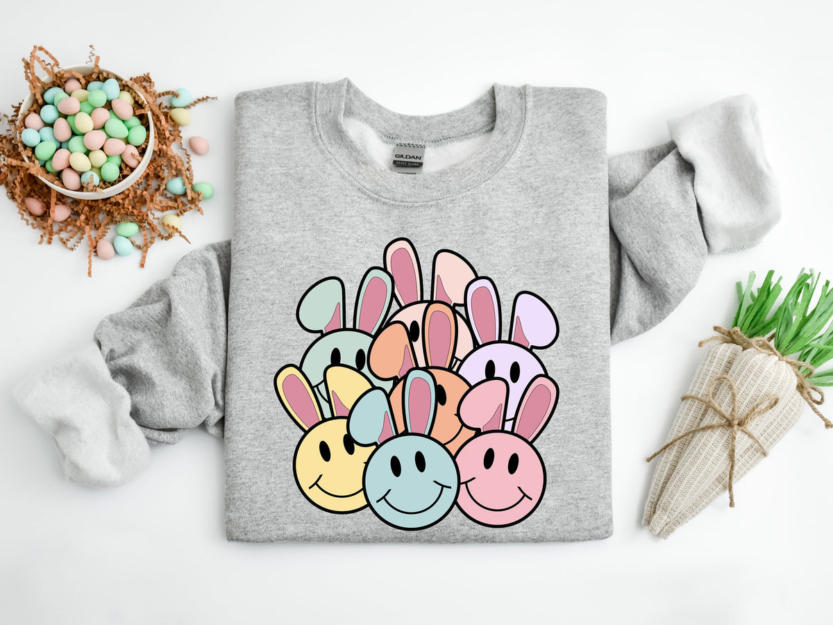Smiley Bunny Easter Sweatshirt, Pastel Spring Graphic Tee