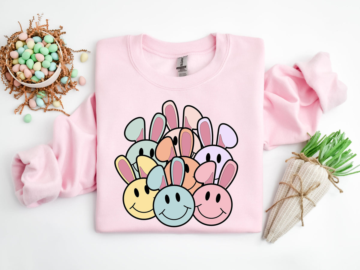 Smiley Bunny Easter Sweatshirt, Pastel Spring Graphic Tee