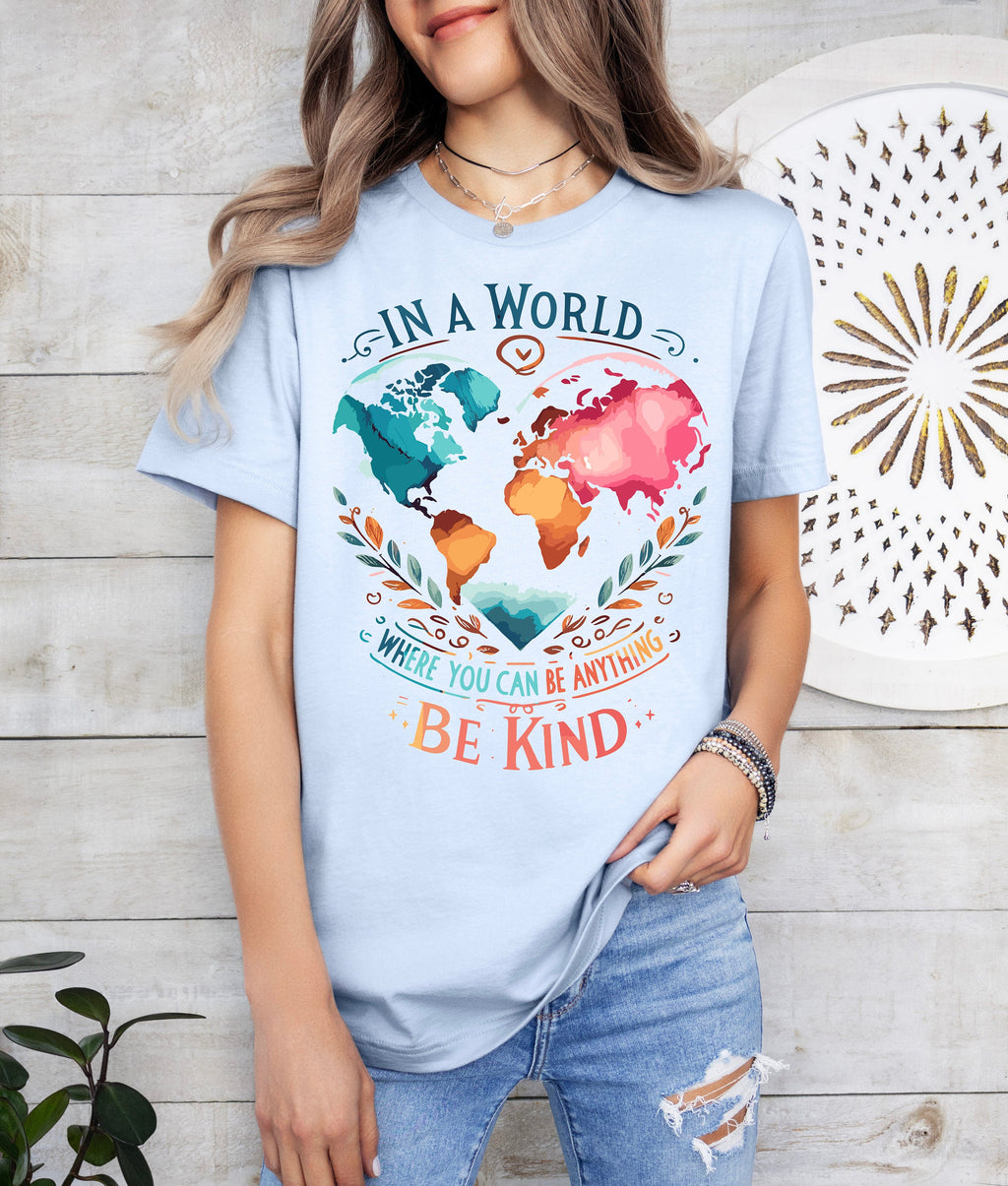 Watercolor Be Kind Shirt: World Map Kindness Tee