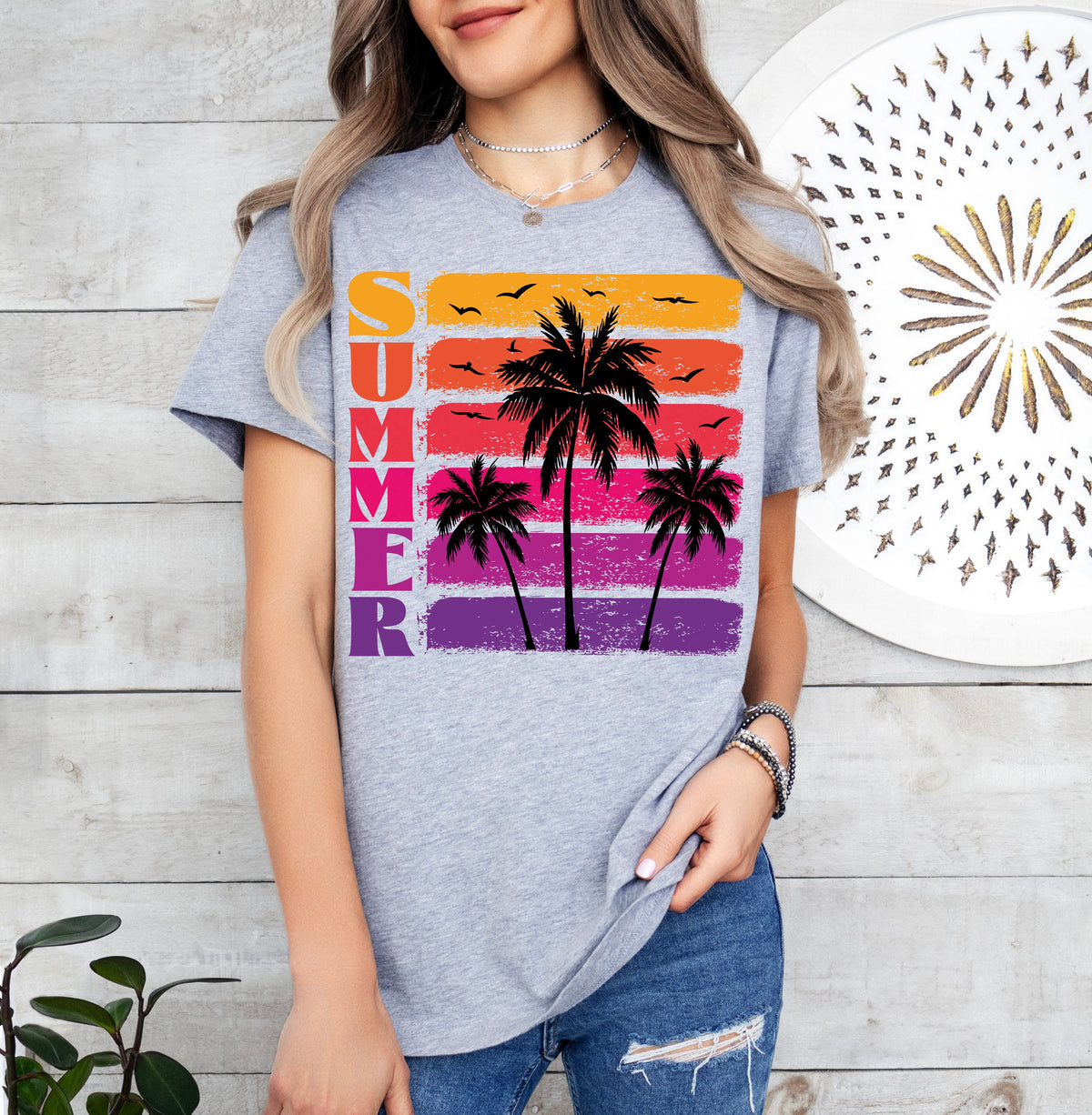 Retro Palm Tree Sunset Shirt: Women's Summer Vacation Tee