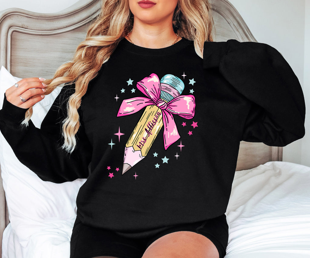 Personalized Pencil Bow Teacher Sweatshirt: Teacher Appreciation Shirt