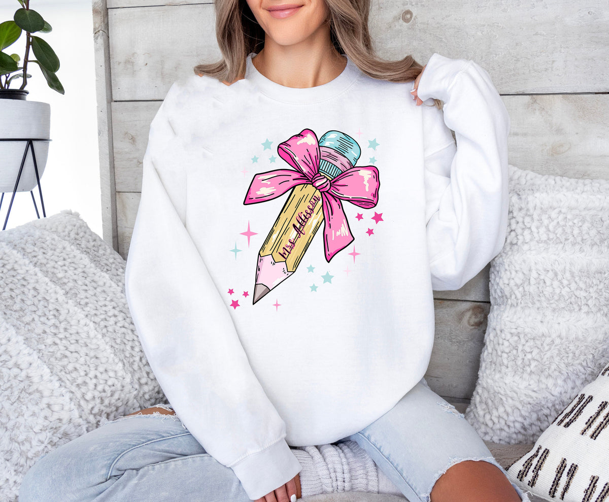 Personalized Pencil Bow Teacher Sweatshirt: Teacher Appreciation Shirt