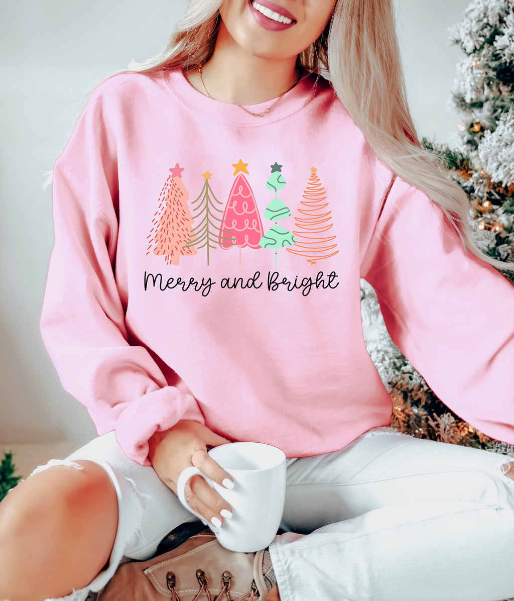 Merry & Bright Christmas Trees Sweatshirt - Holiday Sweater