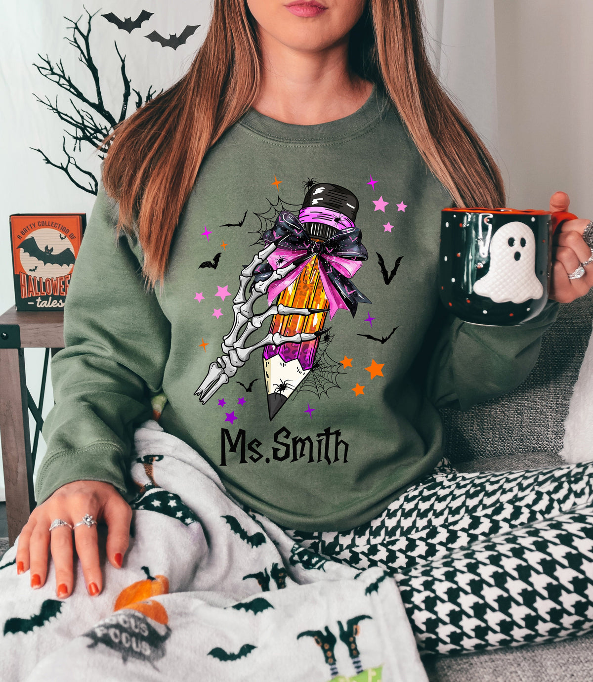 Custom Teacher Name Halloween Sweatshirt: Pencil Bow Design