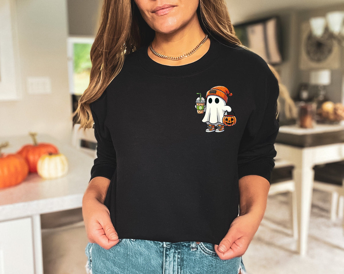 Little Ghost Ice Coffee Halloween Sweatshirt - Women's Fall Shirt
