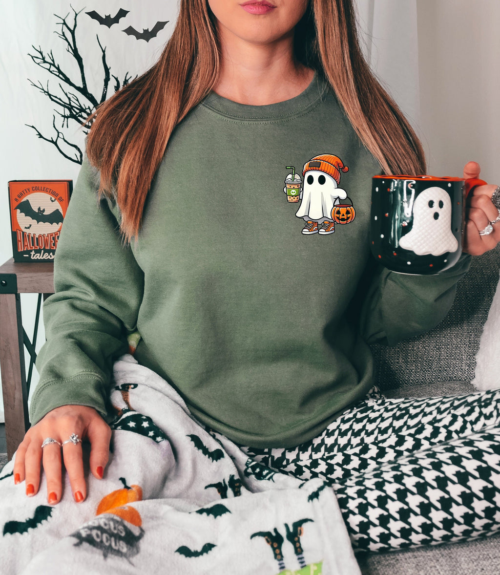 Little Ghost Ice Coffee Halloween Sweatshirt - Women's Fall Shirt