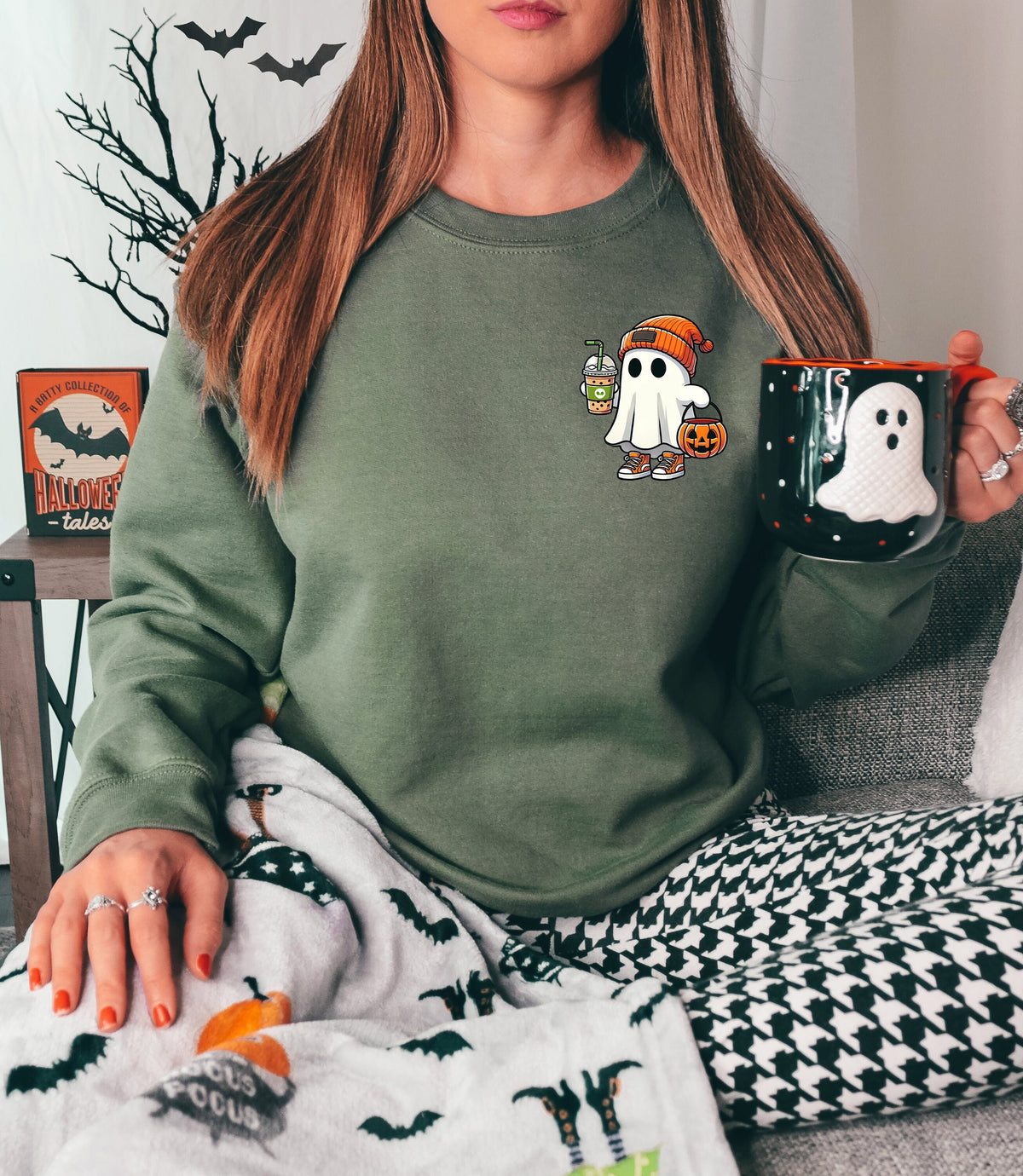 Little Ghost Ice Coffee Halloween Sweatshirt - Women's Fall Shirt