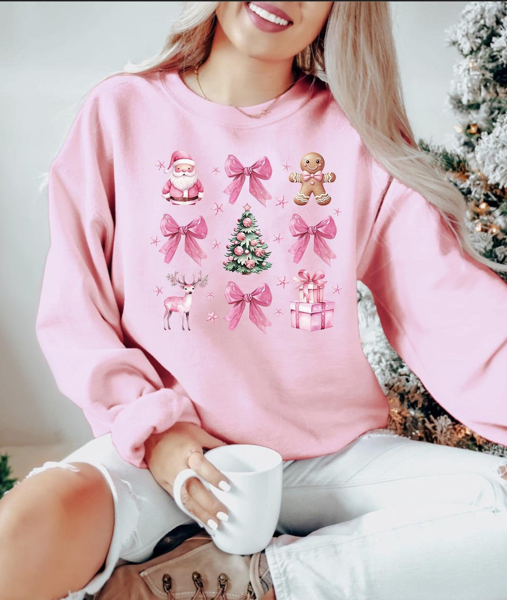 Coquette Christmas Sweatshirt: Pink Bow Santa Tree Shirt,tanktop,hoodies