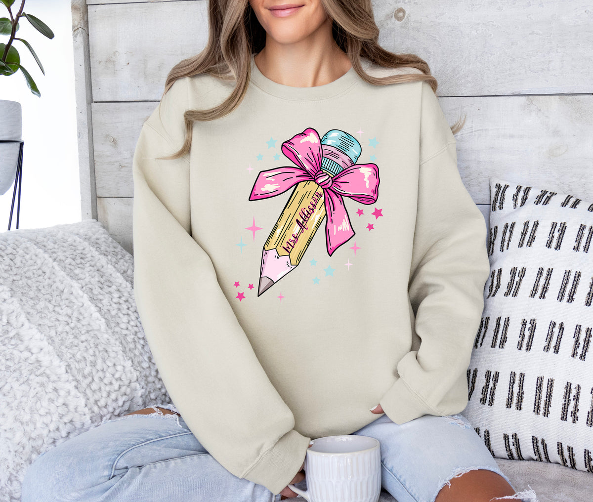 Personalized Pencil Bow Teacher Sweatshirt: Teacher Appreciation Shirt