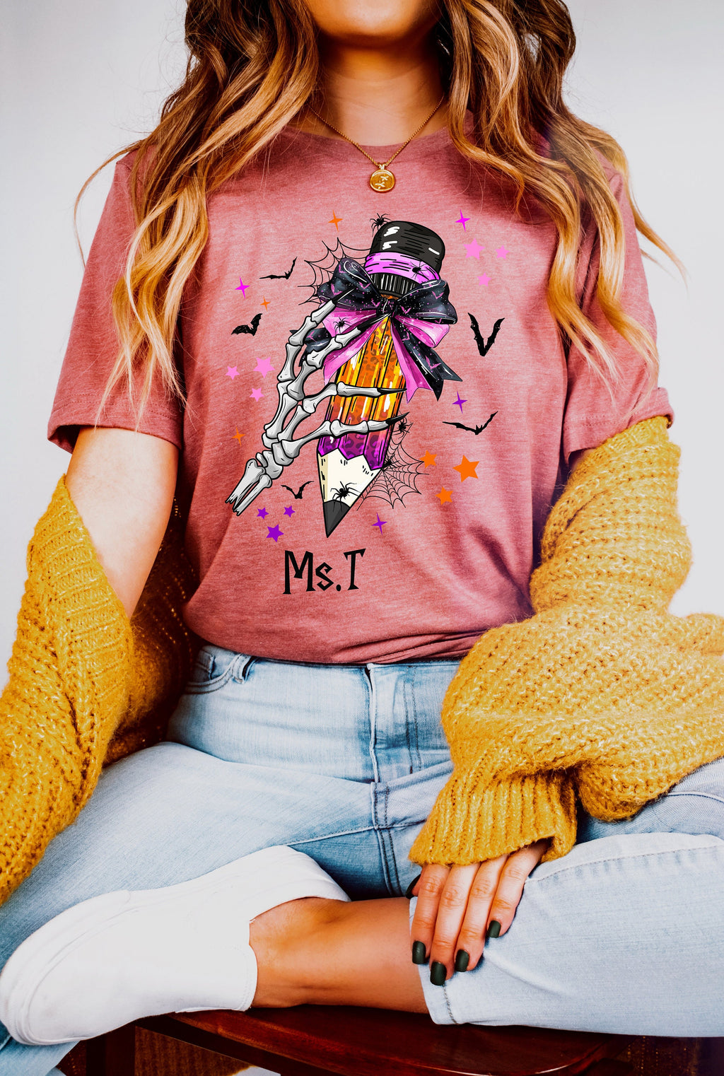Custom Teacher Name Halloween Sweatshirt: Pencil Bow Design