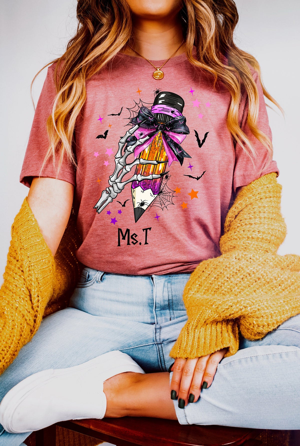 Custom Teacher Name Halloween Sweatshirt: Pencil Bow Design
