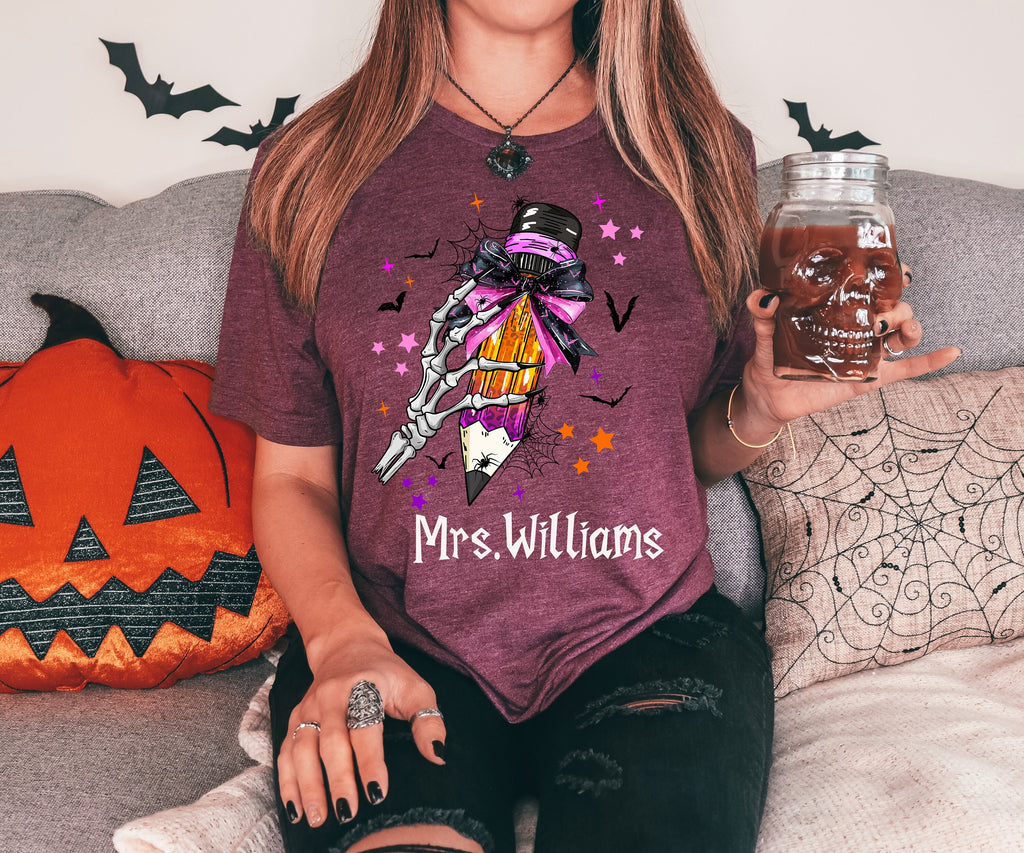 Custom Teacher Name Halloween Sweatshirt: Pencil Bow Design