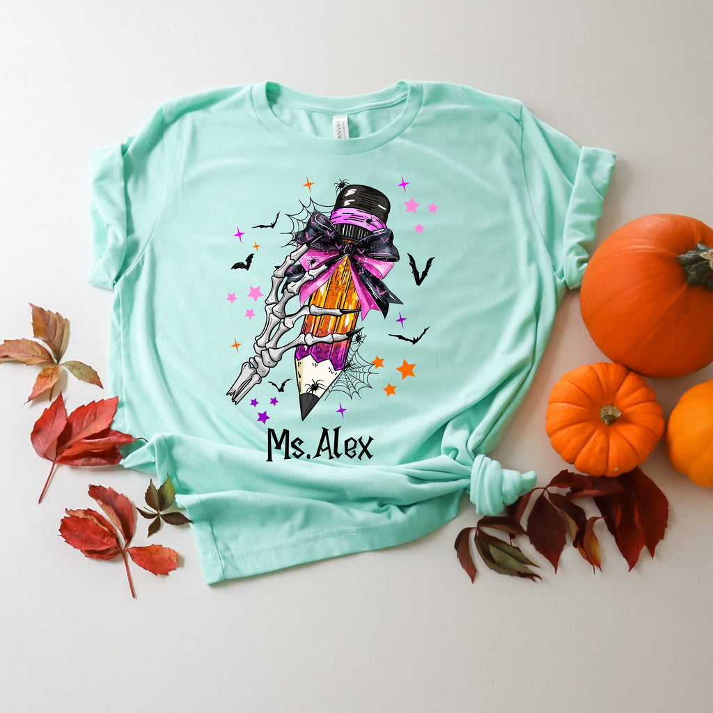 Custom Teacher Name Halloween Sweatshirt: Pencil Bow Design