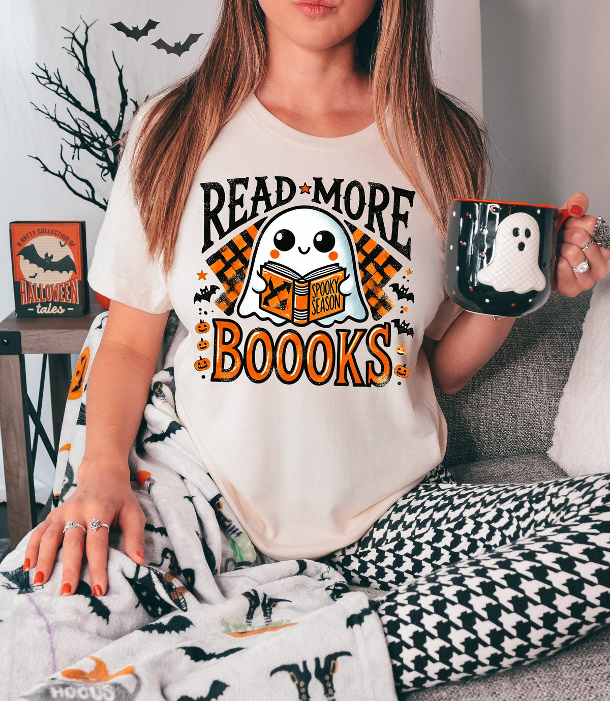 Spooky Season Teacher Shirt: Halloween Ghost Reading Books