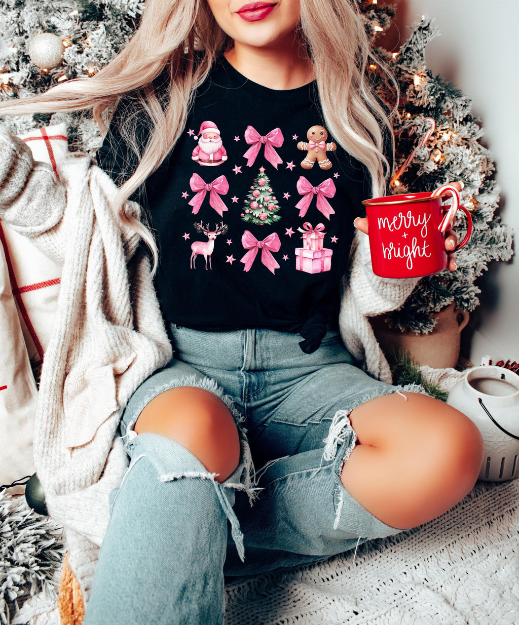 Coquette Christmas Sweatshirt: Pink Bow Santa Tree Shirt,tanktop,hoodies