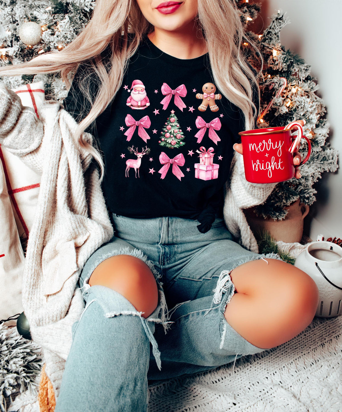 Coquette Christmas Sweatshirt: Pink Bow Santa Tree Shirt,tanktop,hoodies