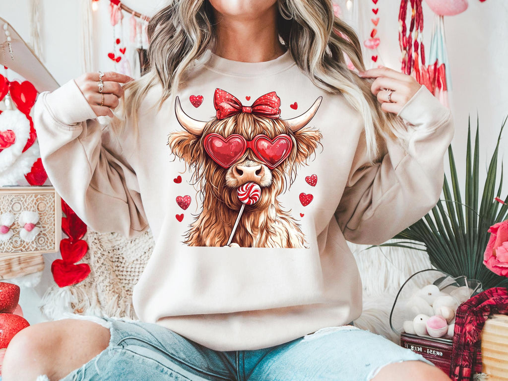 Highland Cow Valentine's Day Sweatshirt: Heifer Heart Sunglasses