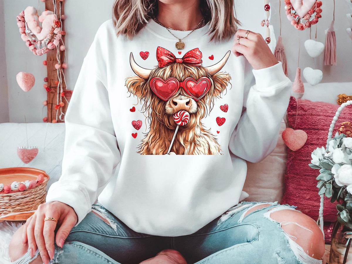 Highland Cow Valentine's Day Sweatshirt: Heifer Heart Sunglasses