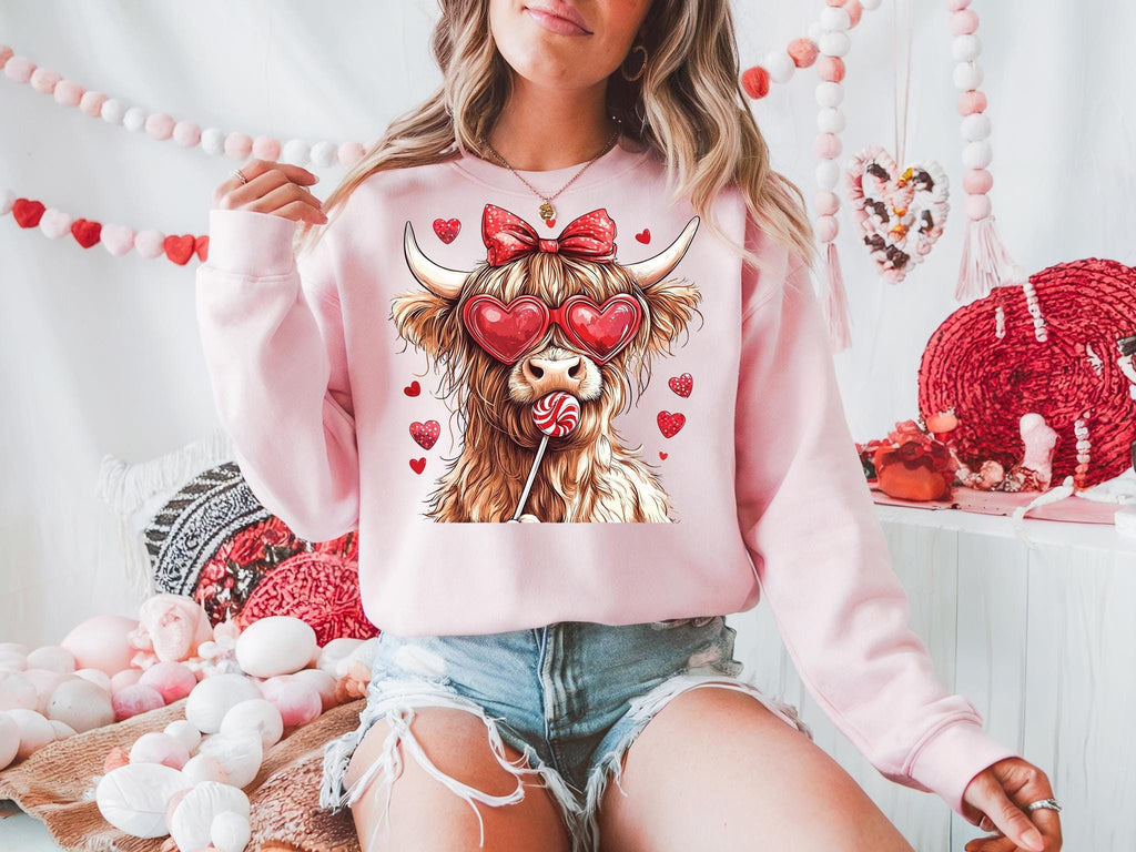 Highland Cow Valentine's Day Sweatshirt: Heifer Heart Sunglasses
