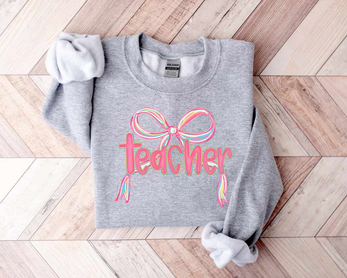 Cute Teacher Sweatshirt, Girly Pink Bow, Back to School Crewneck