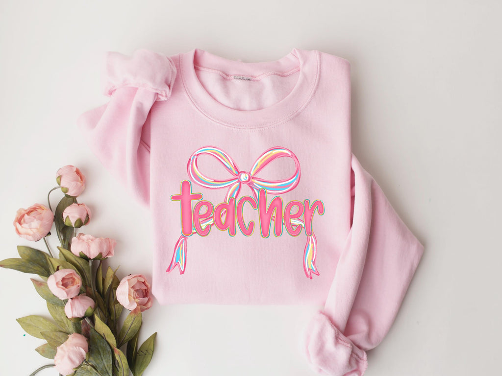 Cute Teacher Sweatshirt, Girly Pink Bow, Back to School Crewneck