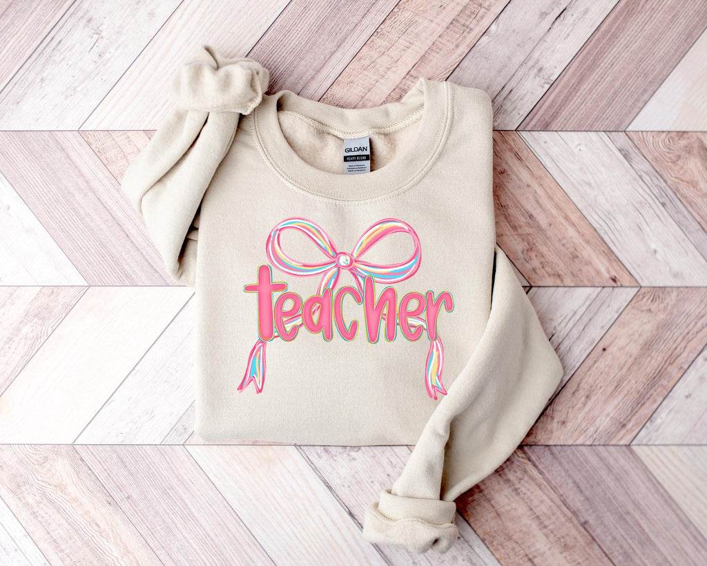 Cute Teacher Sweatshirt, Girly Pink Bow, Back to School Crewneck