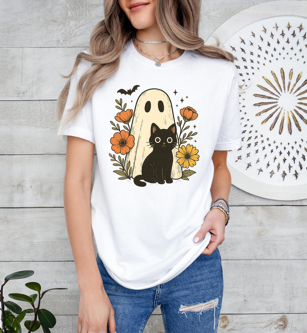 Retro Ghost and Cat Halloween Sweatshirt: Spooky Season Top