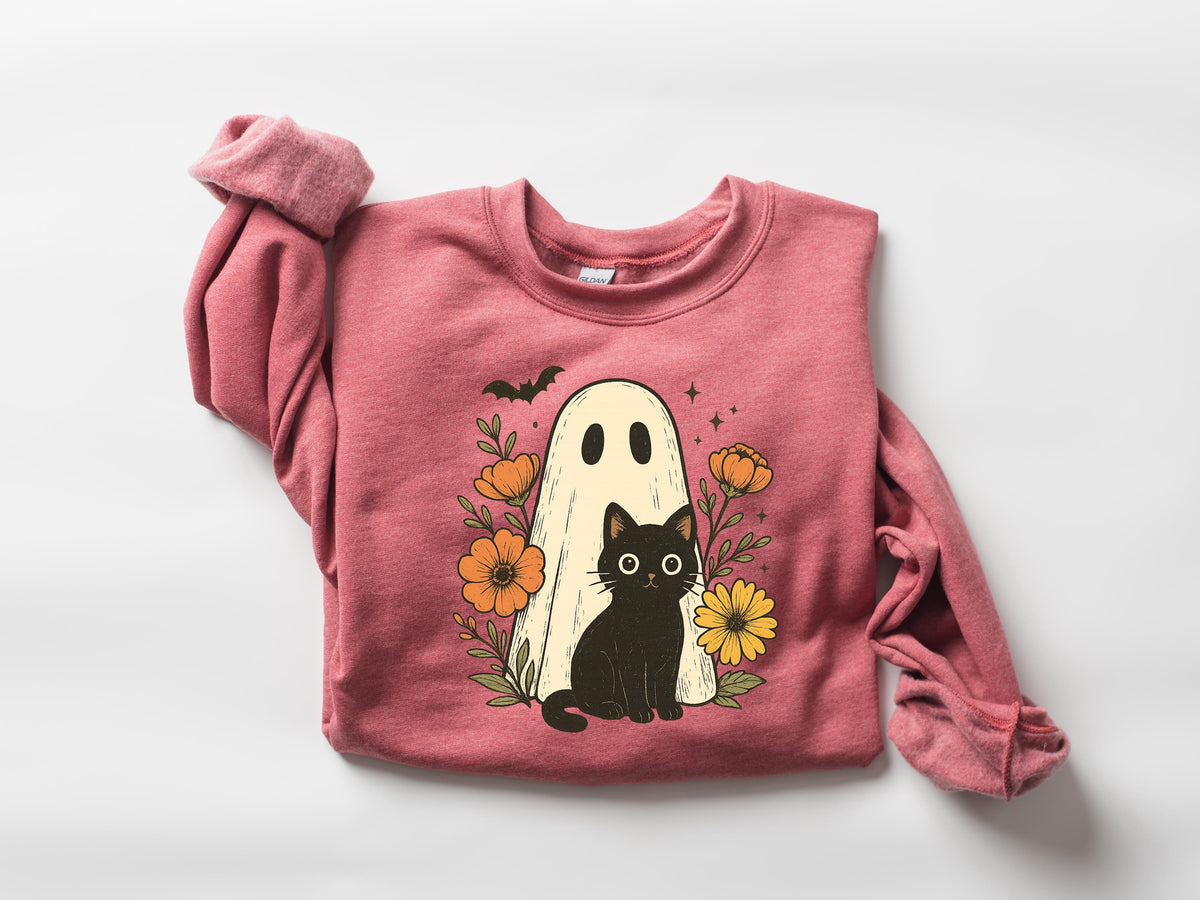 Retro Ghost and Cat Halloween Sweatshirt: Spooky Season Top
