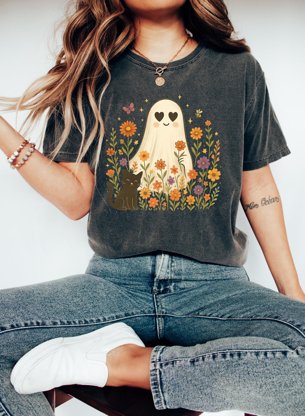 Halloween Black Cat & Ghost T-Shirt: Spooky Season Women's Tee