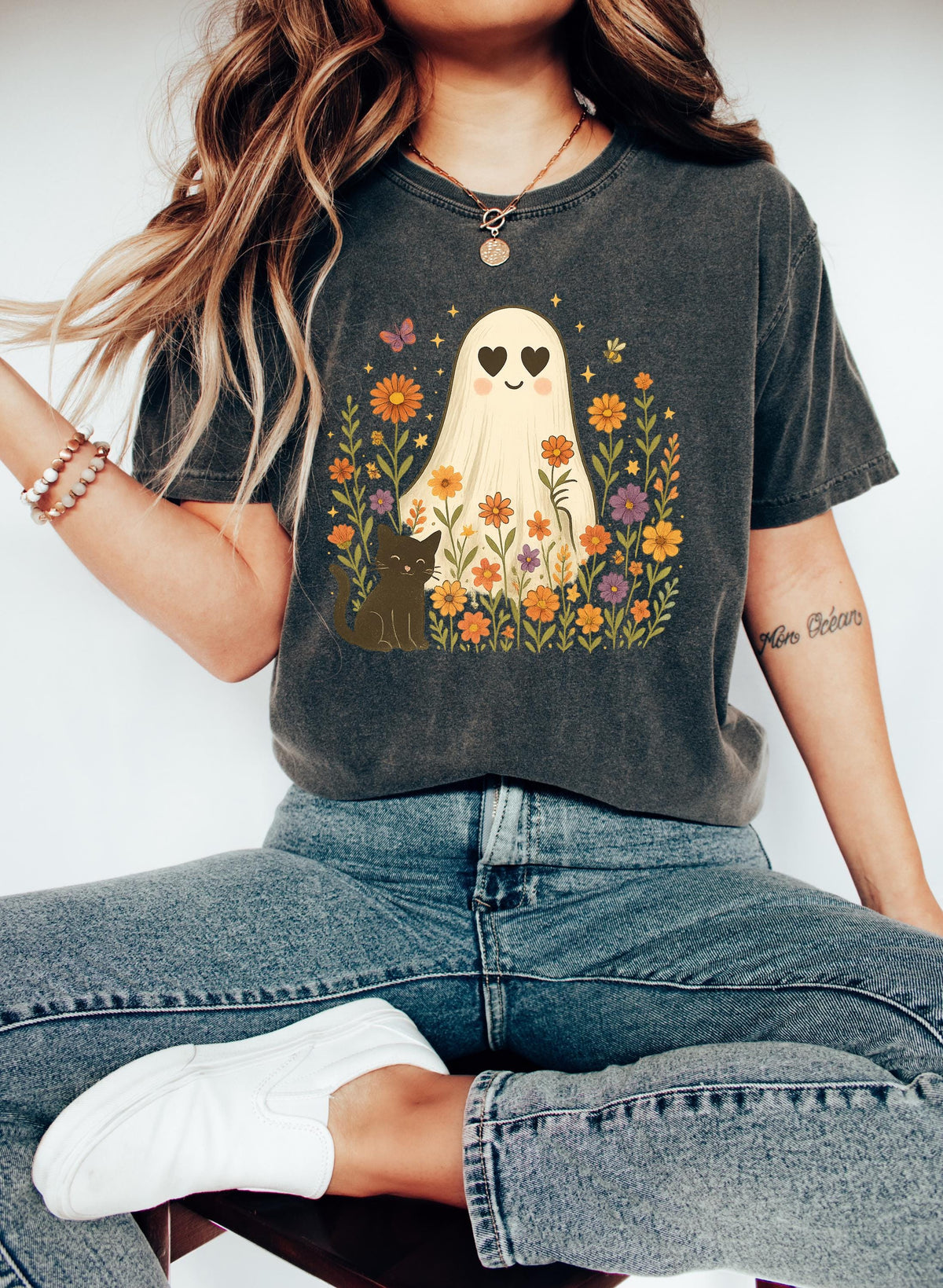 Halloween Black Cat & Ghost T-Shirt: Spooky Season Women's Tee