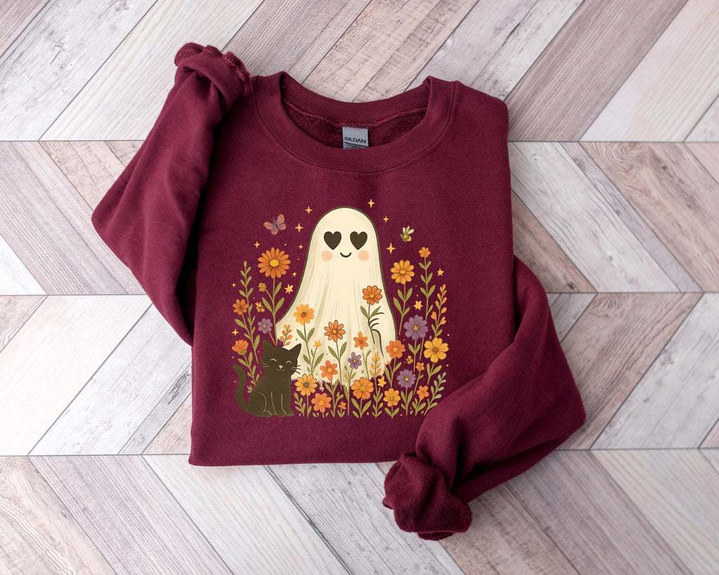 Halloween Black Cat & Ghost T-Shirt: Spooky Season Women's Tee