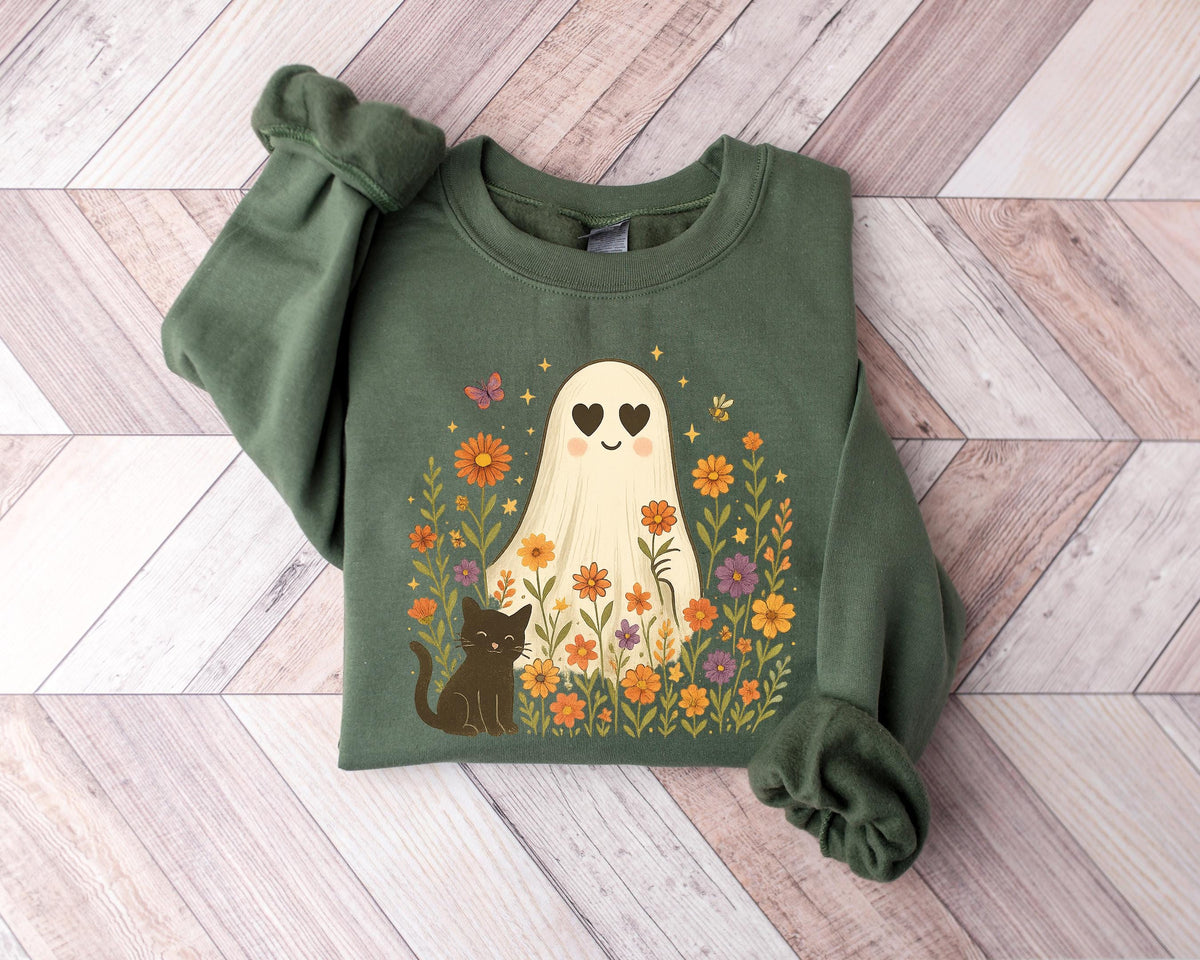 Halloween Black Cat & Ghost T-Shirt: Spooky Season Women's Tee